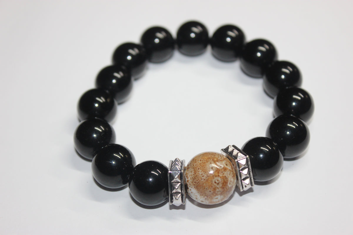 Black Beaded Bracelet with Earthtone Gemstone