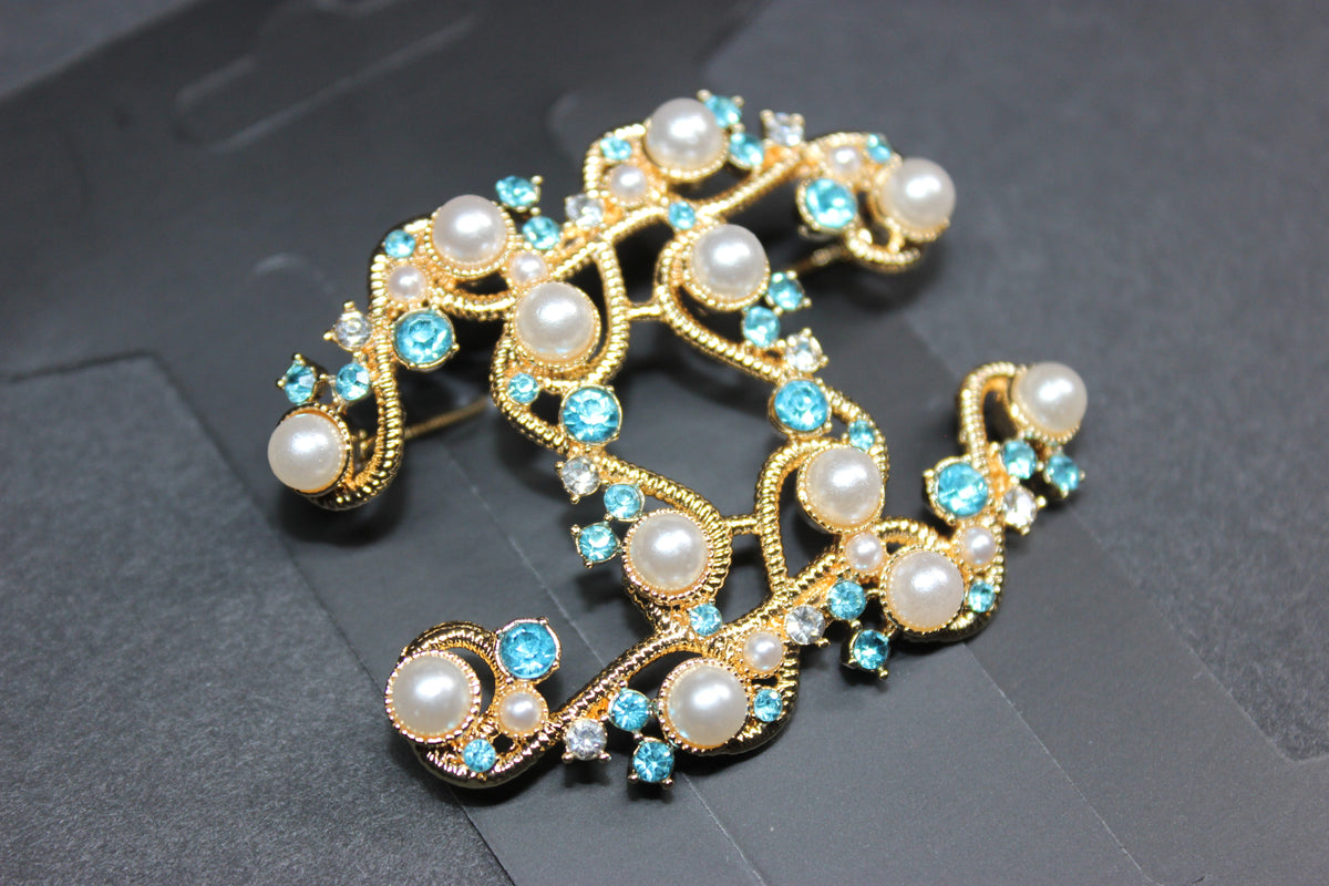 Gold Pearl & Turquoise Brooch Pin