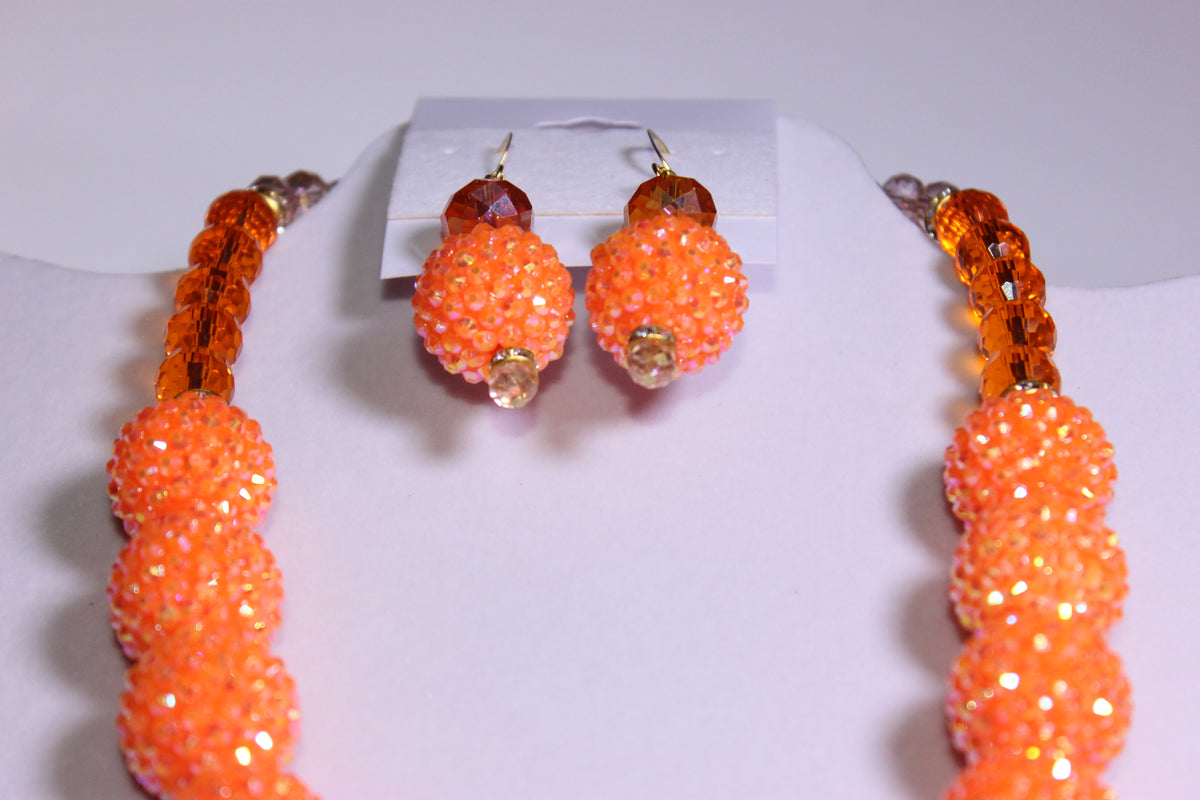 Shades Of Orange & Gold Rhinestone Charm Necklace & Earrings Set