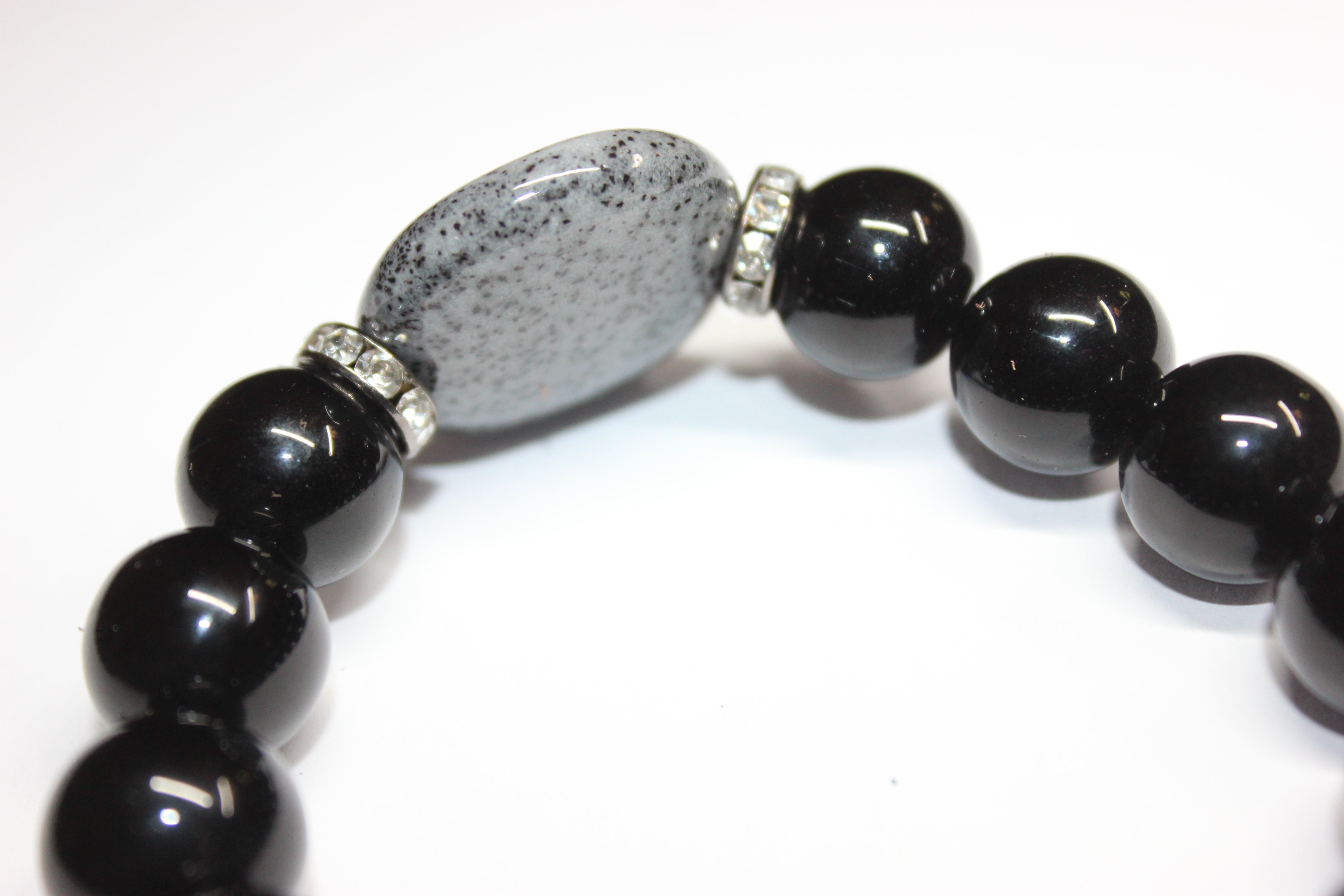 Black & Grey Beaded Bracelet with Smooth Gemstone