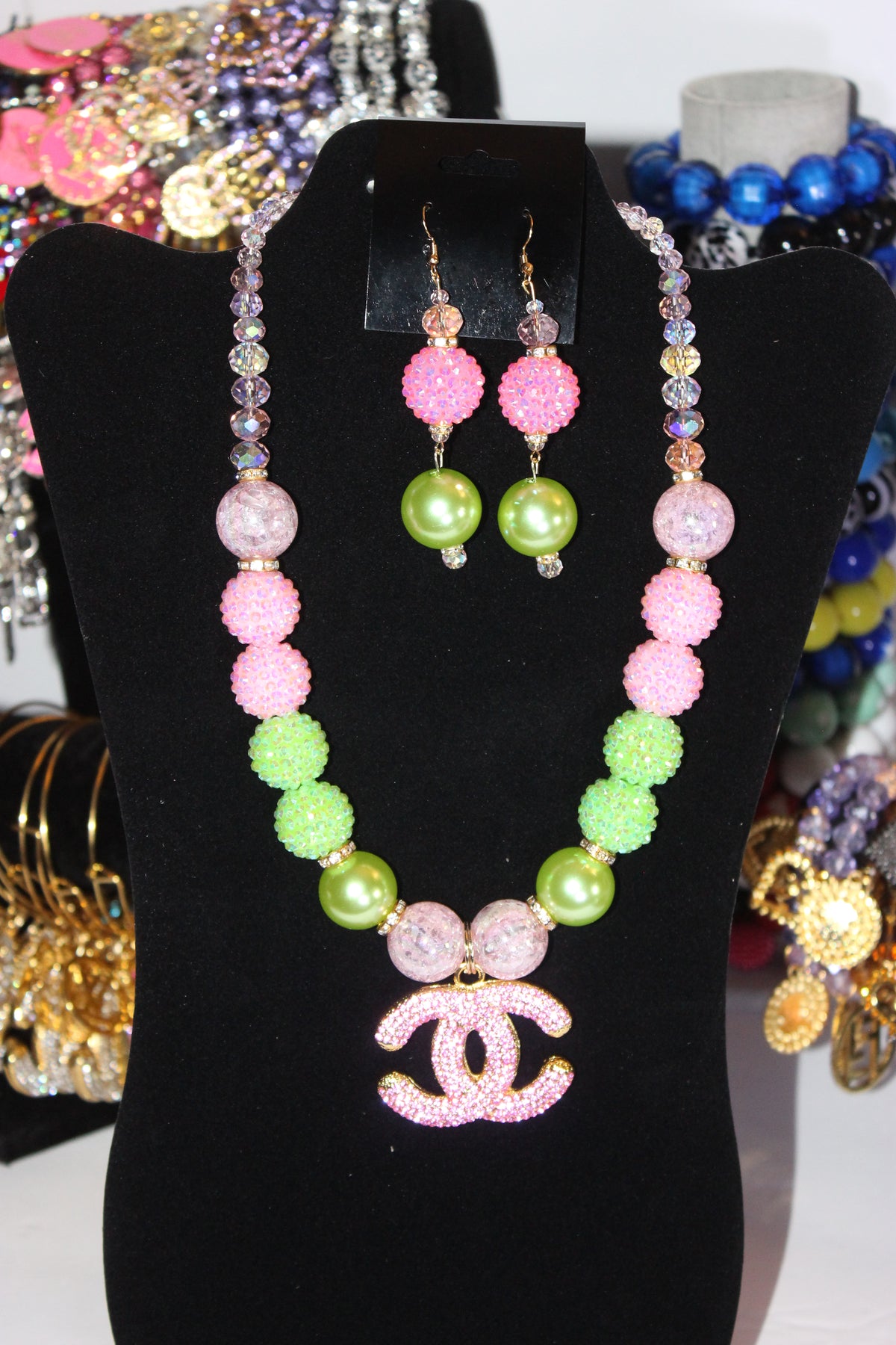 Pink & Green W/ Gold Pearl & Rhinestone Charm Necklace & Earrings Set