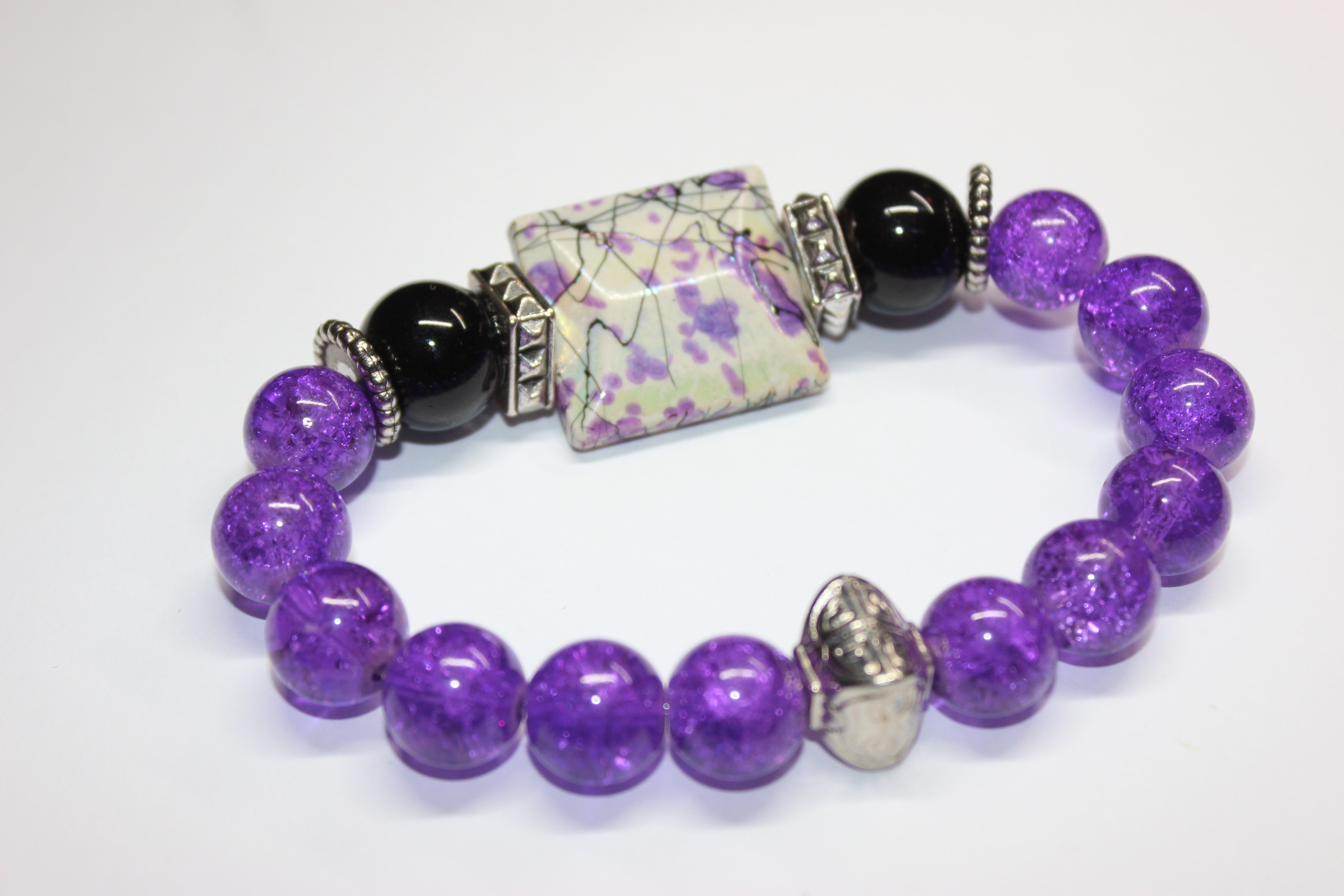 Purple Black & White w/ Silver Beaded Bracelet