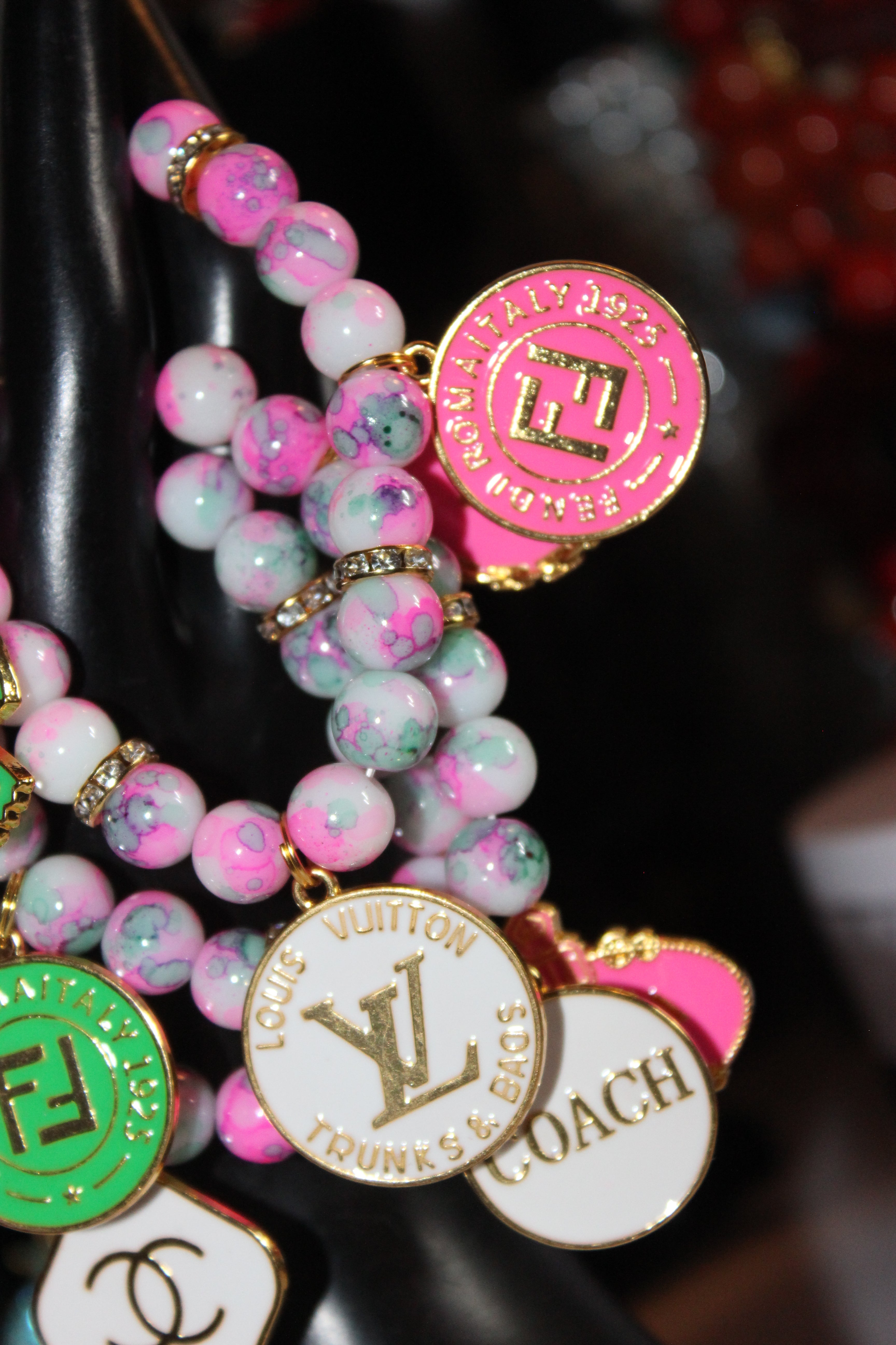 3 Piece Pink Green & White w/ Gold Charm Bracelet Set