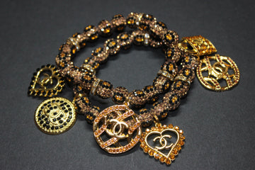 Topaz & Gold Animal Print 2 Piece Rhinestone  Charm Bracelet Set