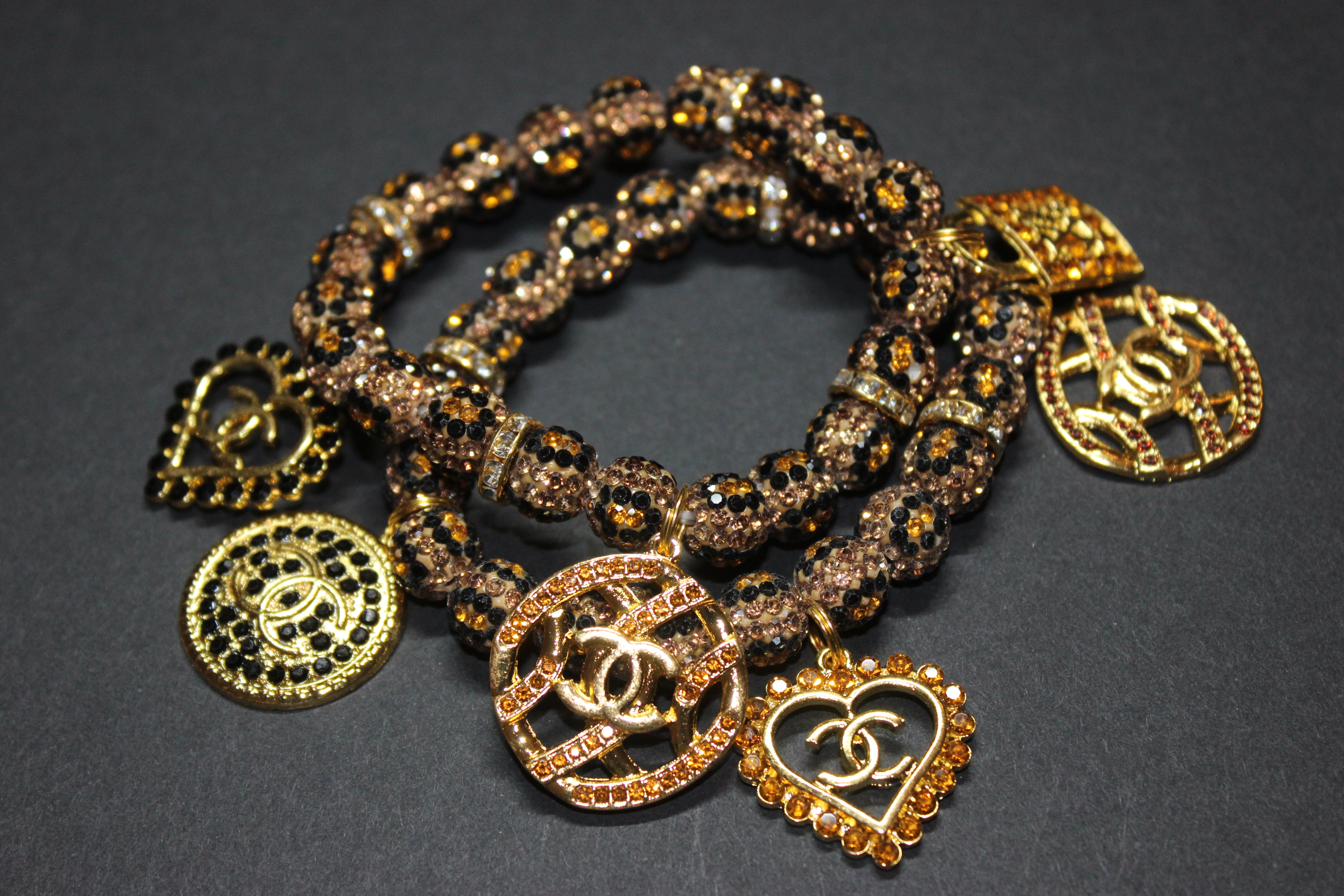Topaz & Gold Animal Print 2 Piece Rhinestone  Charm Bracelet Set