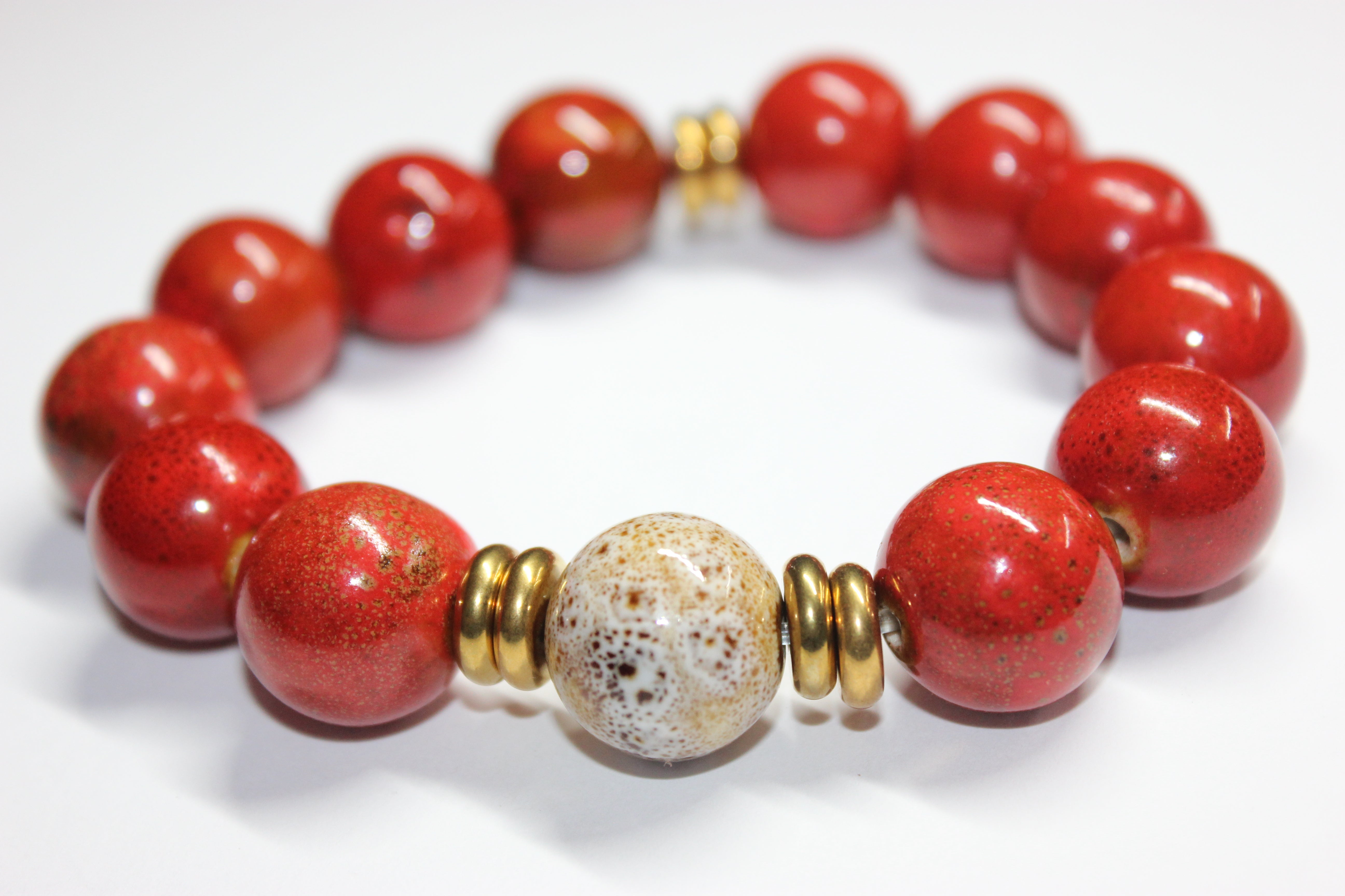 Shades Of Orange & Beige W/ Gold Ceramic Gemstone Bracelet