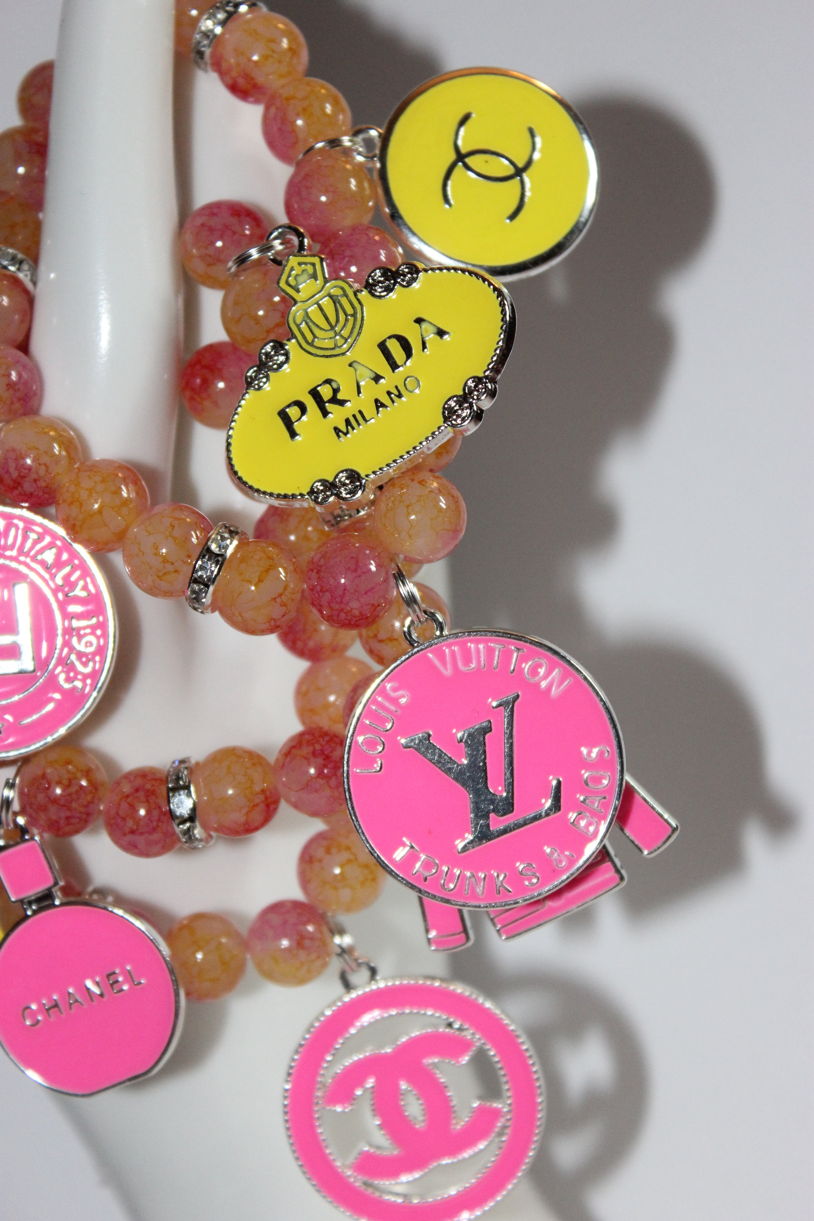 3 Piece Pink Yellow with Silver Charm Bracelet Set