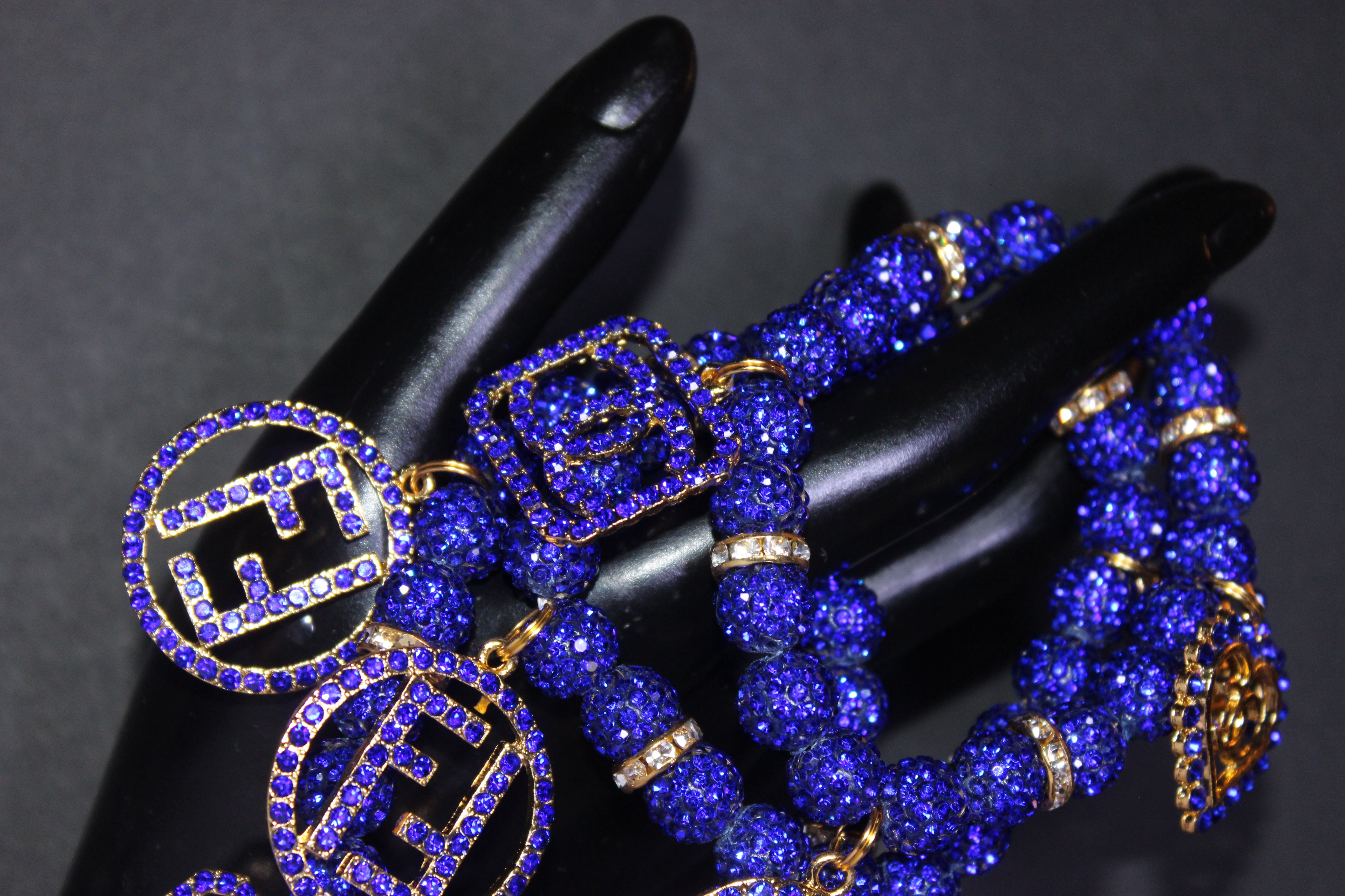 3 Piece Royal Blue & Gold Rhinestone Charm Bracelet Set