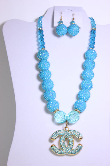 Aquamarine & Gold Charm Necklace Set with Earrings