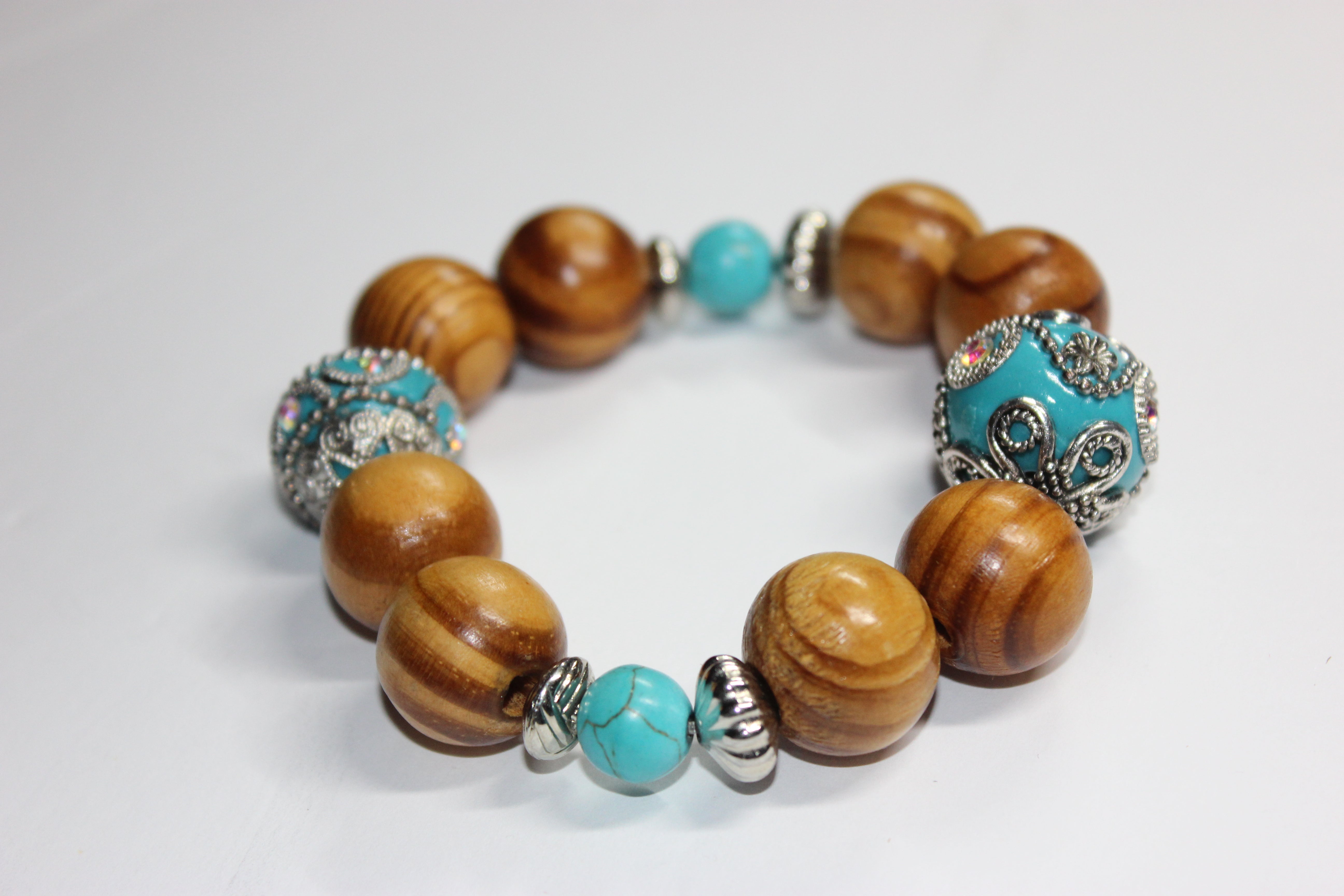 Wood & Turquoise Beaded Bracelet