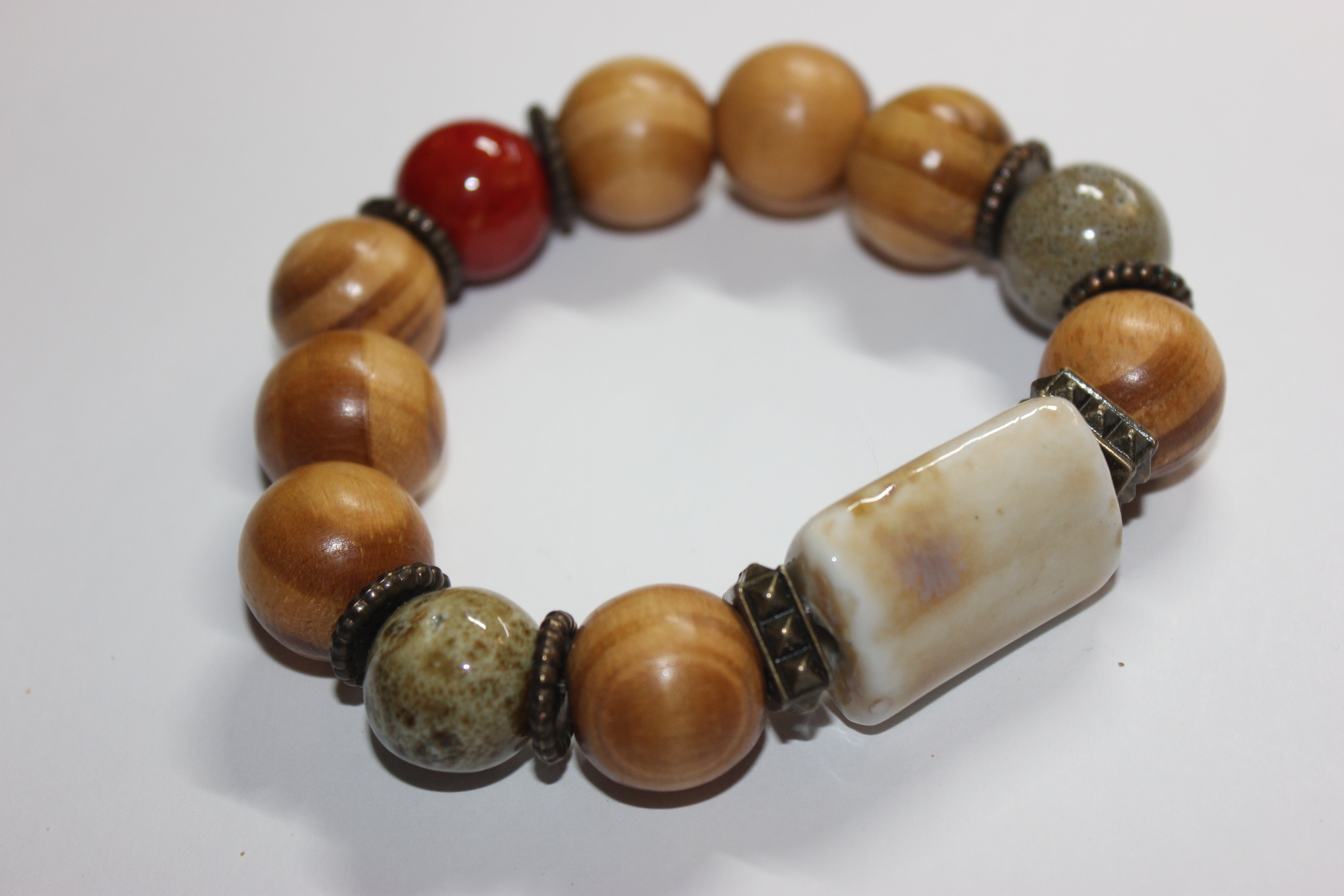 💪🏽MENSWEAR💪🏽 Earth-tone Wood & Ceramic Beaded Bracelet