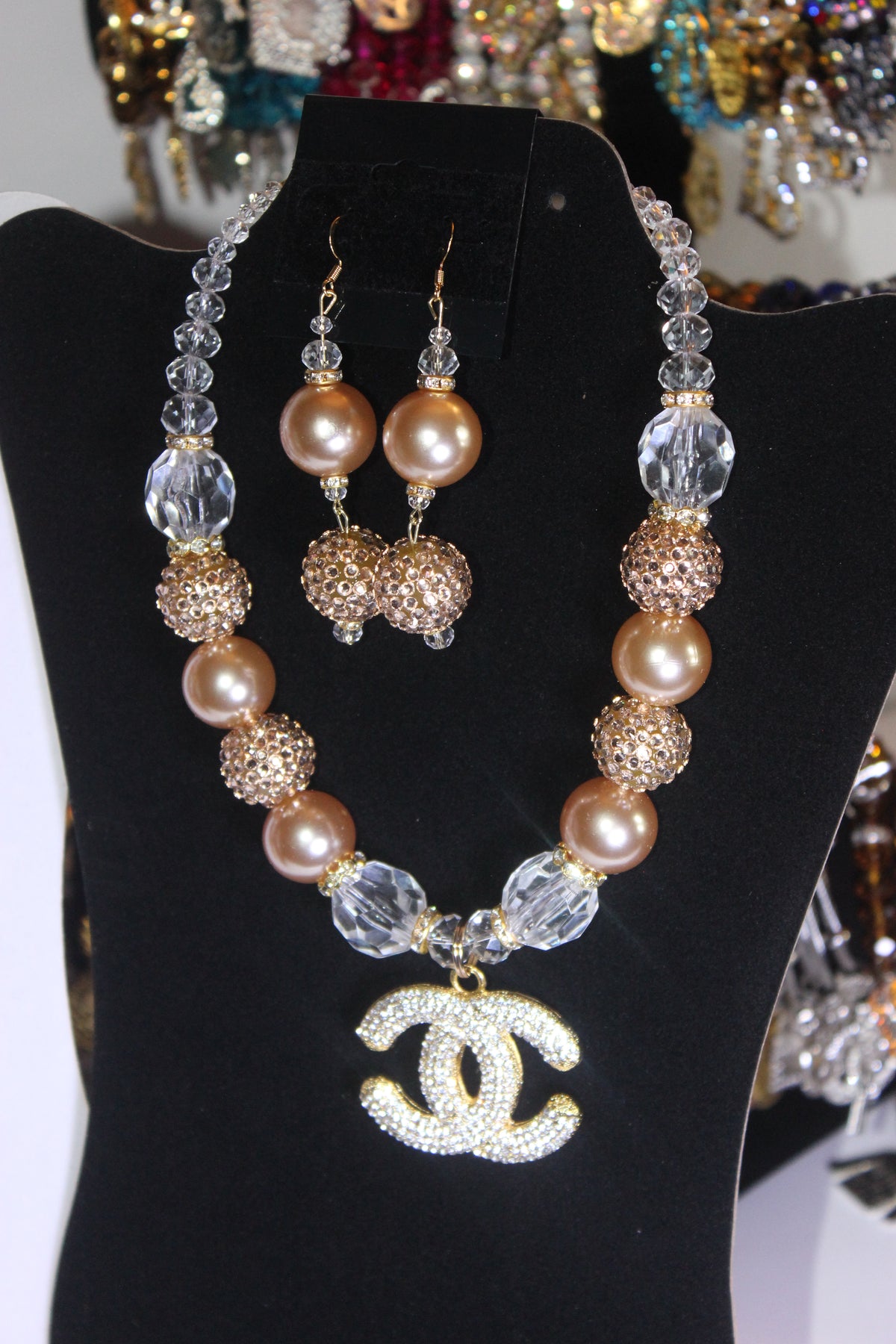 Champagne Pearl & Crystal with Gold Charm Necklace & Earrings Set