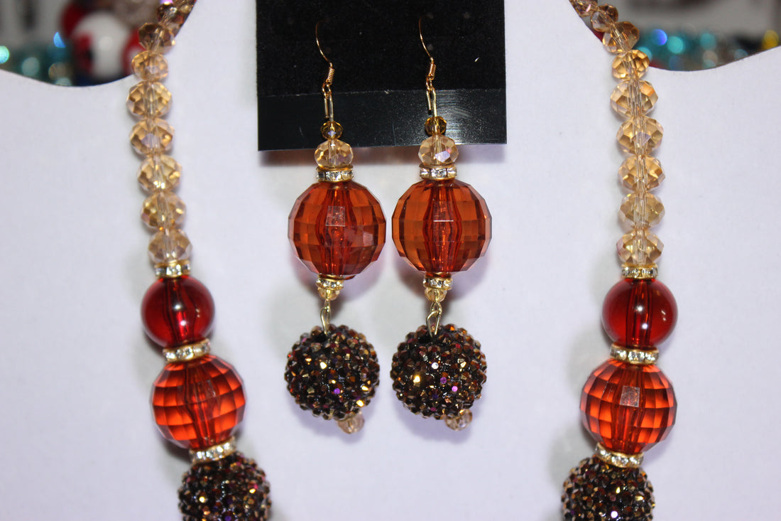 Shades Of Brown Rhinestone & Crystal Charm Necklace & Earrings Set