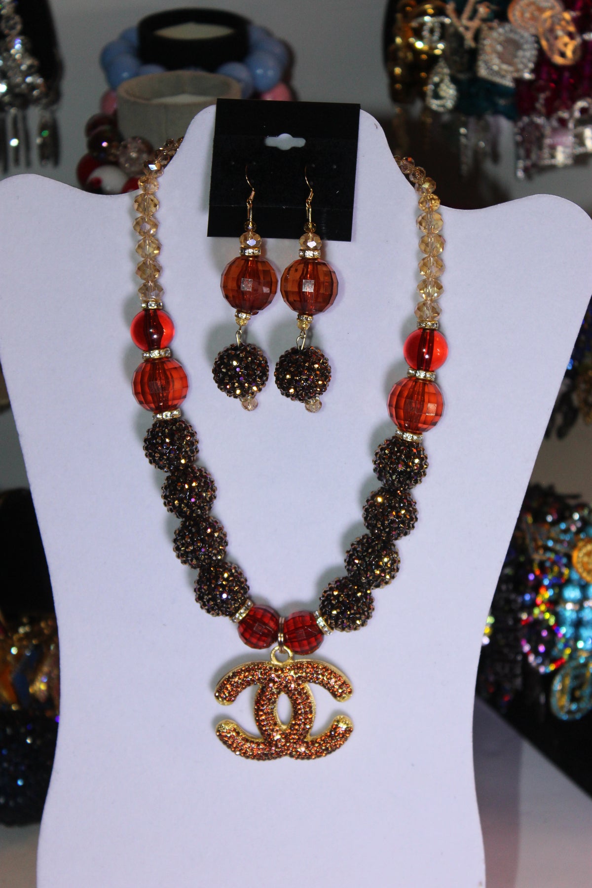 Shades Of Brown Rhinestone & Crystal Charm Necklace & Earrings Set