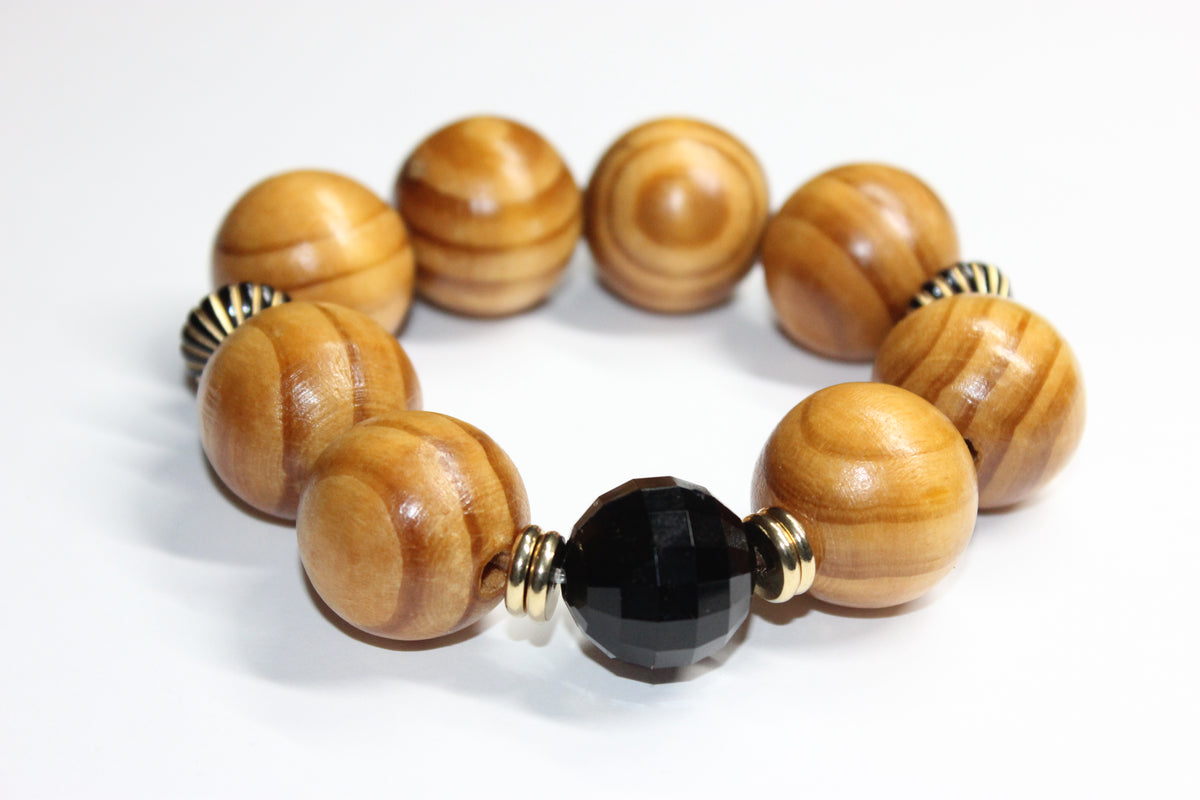Large Wood Black & Gold Beaded Bracelet