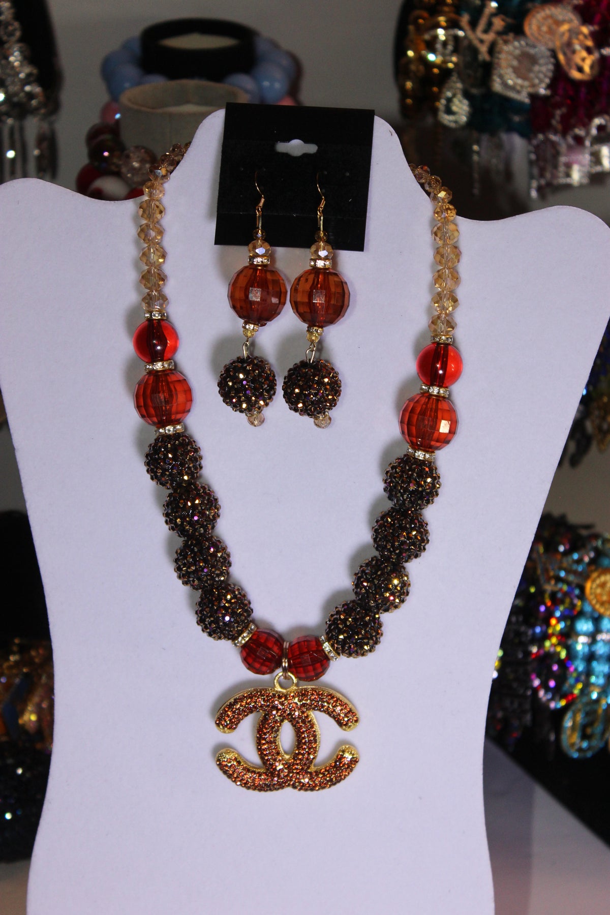 Shades Of Brown Rhinestone & Crystal Charm Necklace & Earrings Set