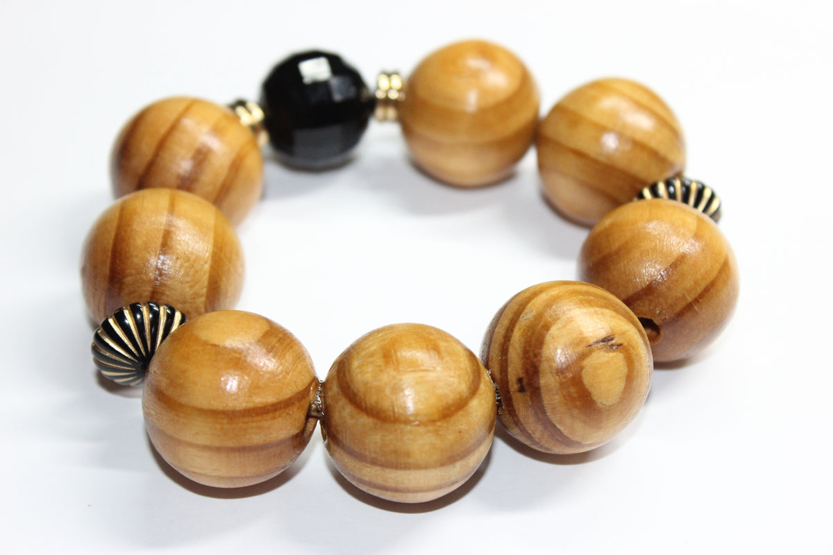 Large Wood Black & Gold Beaded Bracelet