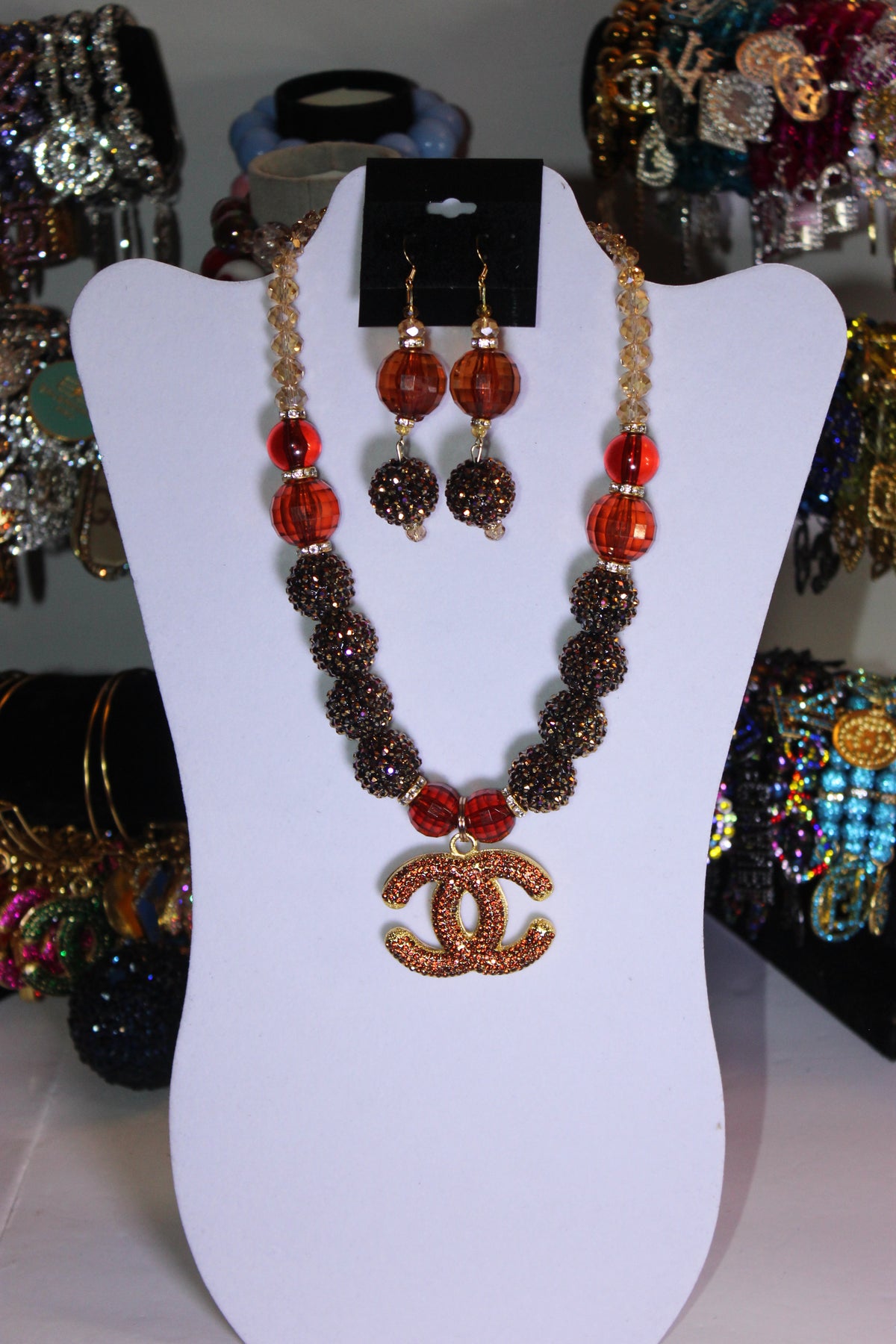 Shades Of Brown Rhinestone & Crystal Charm Necklace & Earrings Set
