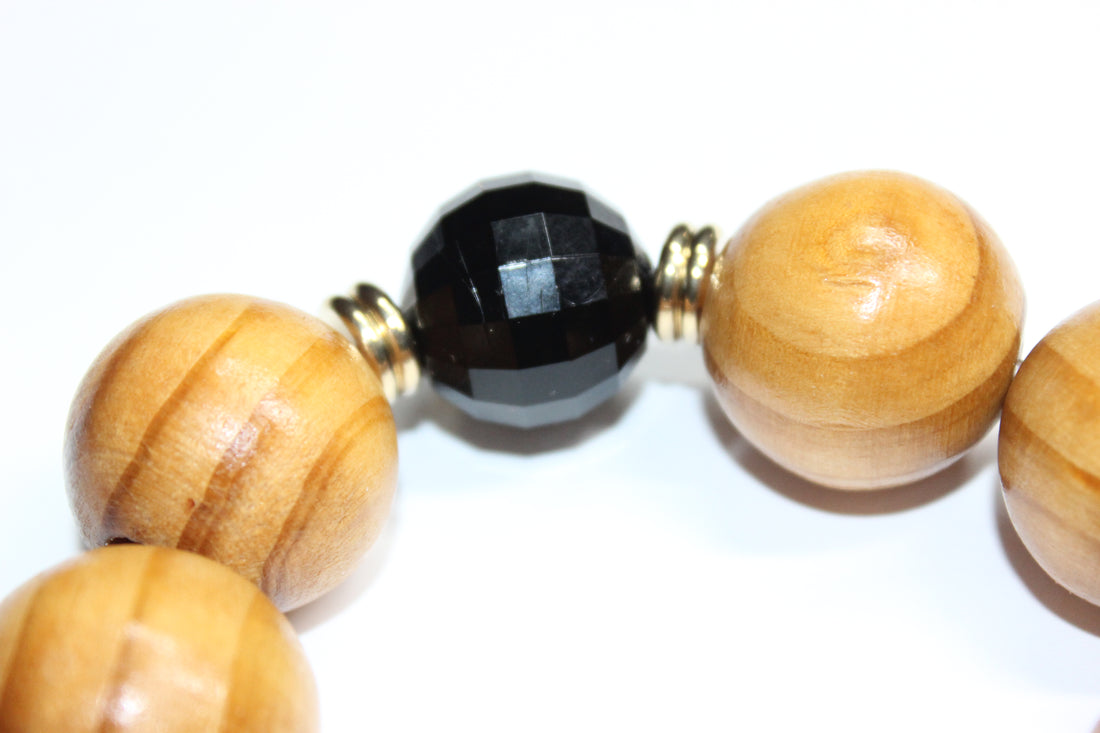 Large Wood Black & Gold Beaded Bracelet