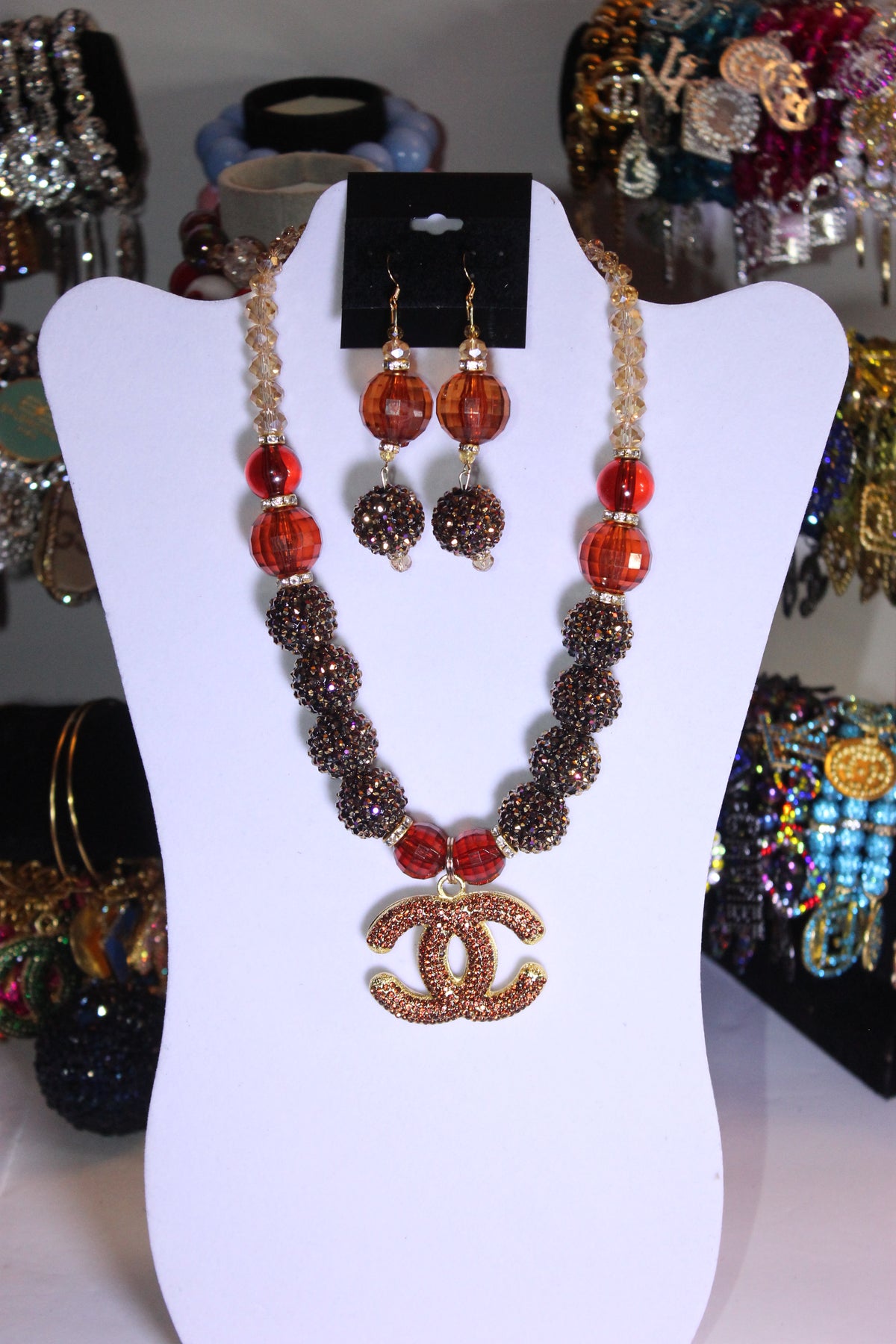 Shades Of Brown Rhinestone & Crystal Charm Necklace & Earrings Set