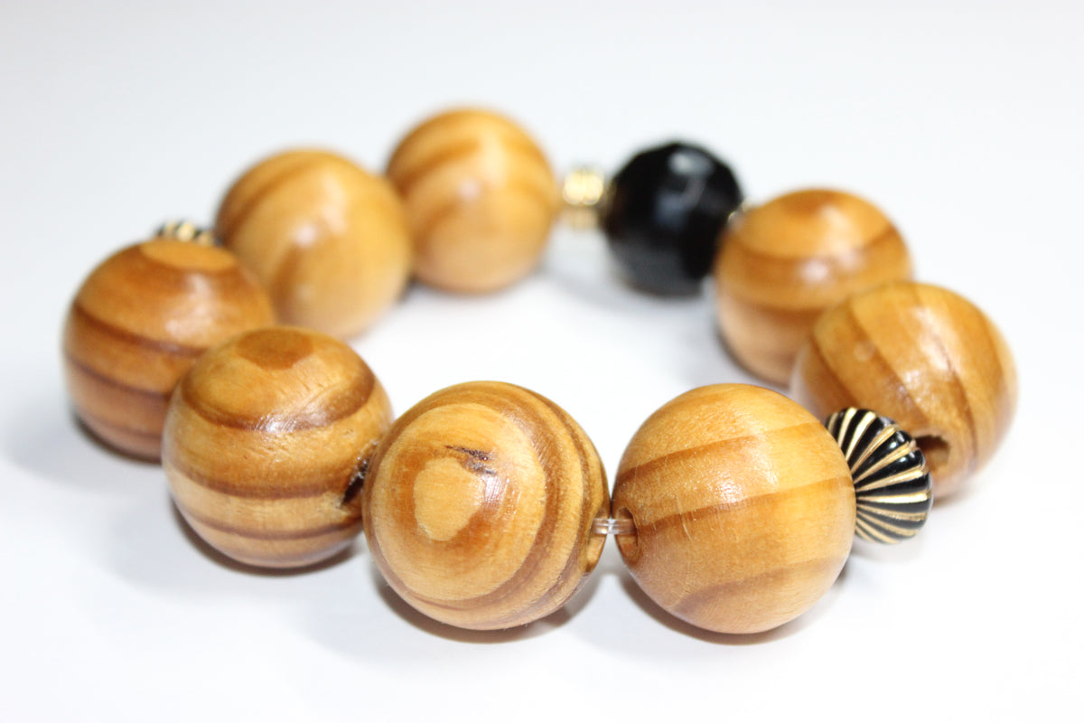Large Wood Black & Gold Beaded Bracelet