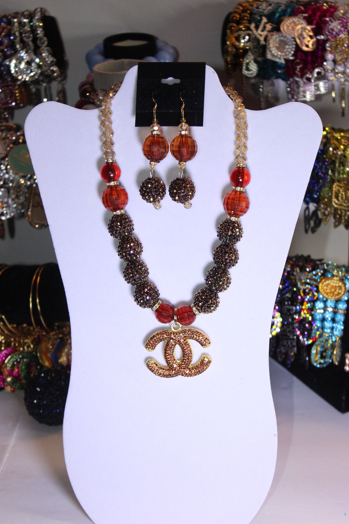 Shades Of Brown Rhinestone & Crystal Charm Necklace & Earrings Set