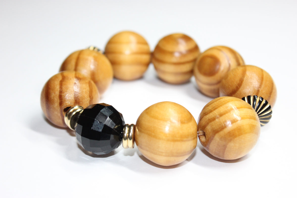 Large Wood Black & Gold Beaded Bracelet