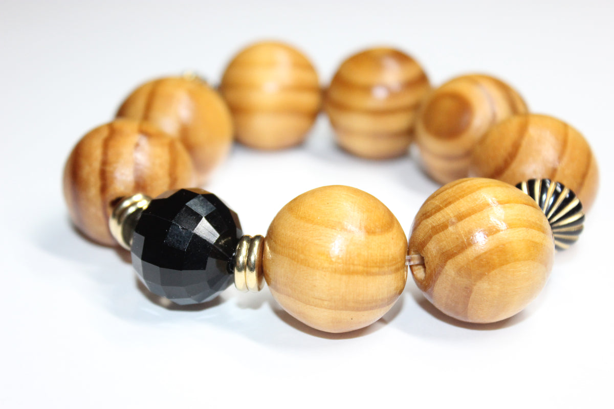 Large Wood Black & Gold Beaded Bracelet