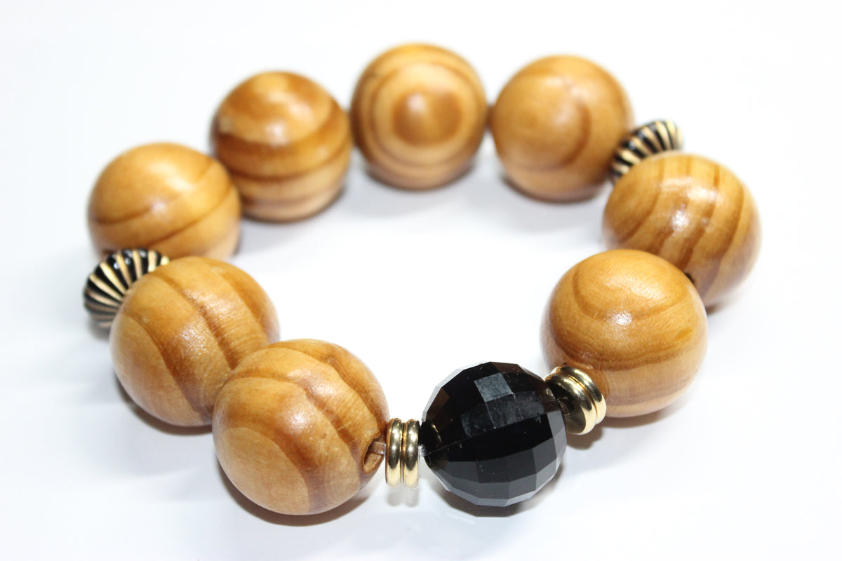 Large Wood Black & Gold Beaded Bracelet