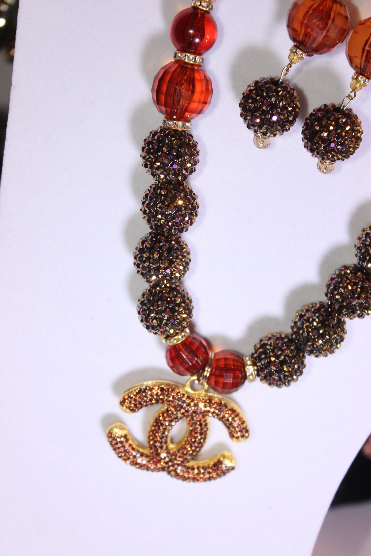 Shades Of Brown Rhinestone & Crystal Charm Necklace & Earrings Set