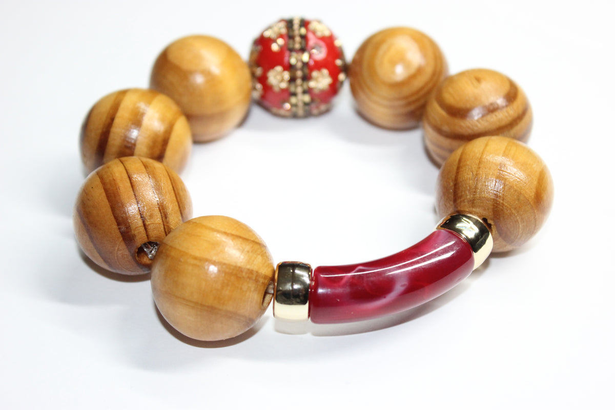 Shades Of Gold & Red Large Wooden Beaded Bracelet