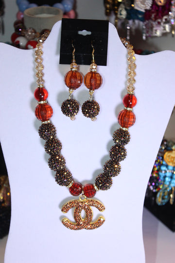 Shades Of Brown Rhinestone & Crystal Charm Necklace & Earrings Set