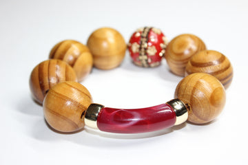 Shades Of Gold & Red Large Wooden Beaded Bracelet