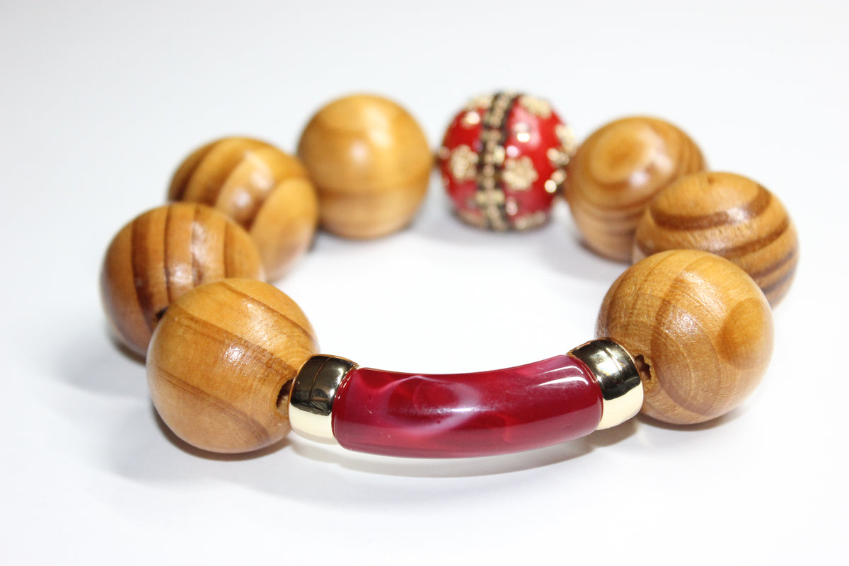 Shades Of Gold & Red Large Wooden Beaded Bracelet