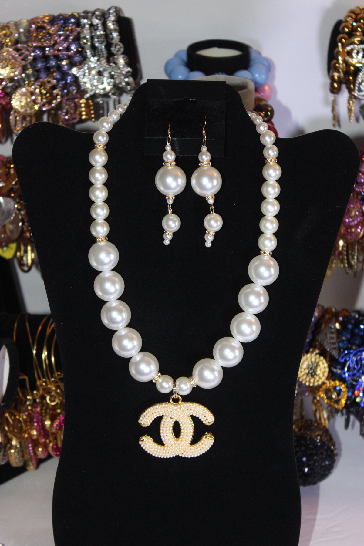 White Pearl & Gold Charm Necklace & Earrings Set