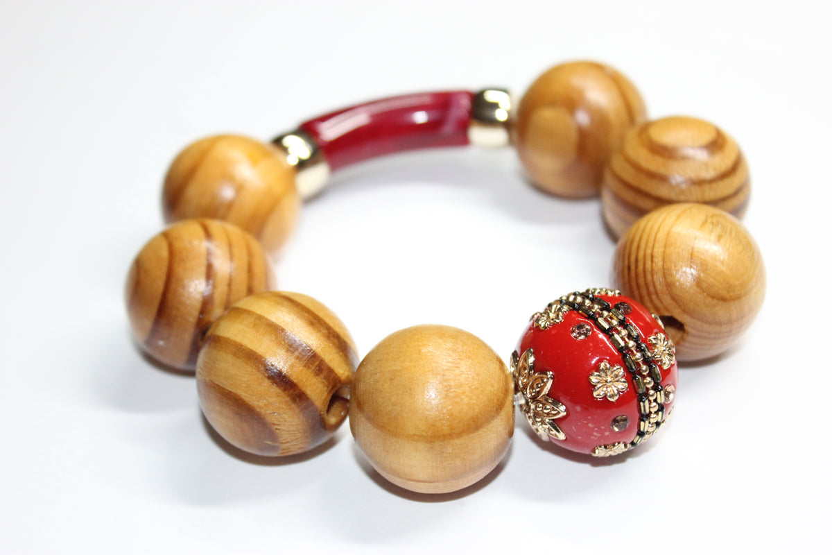 Shades Of Gold & Red Large Wooden Beaded Bracelet