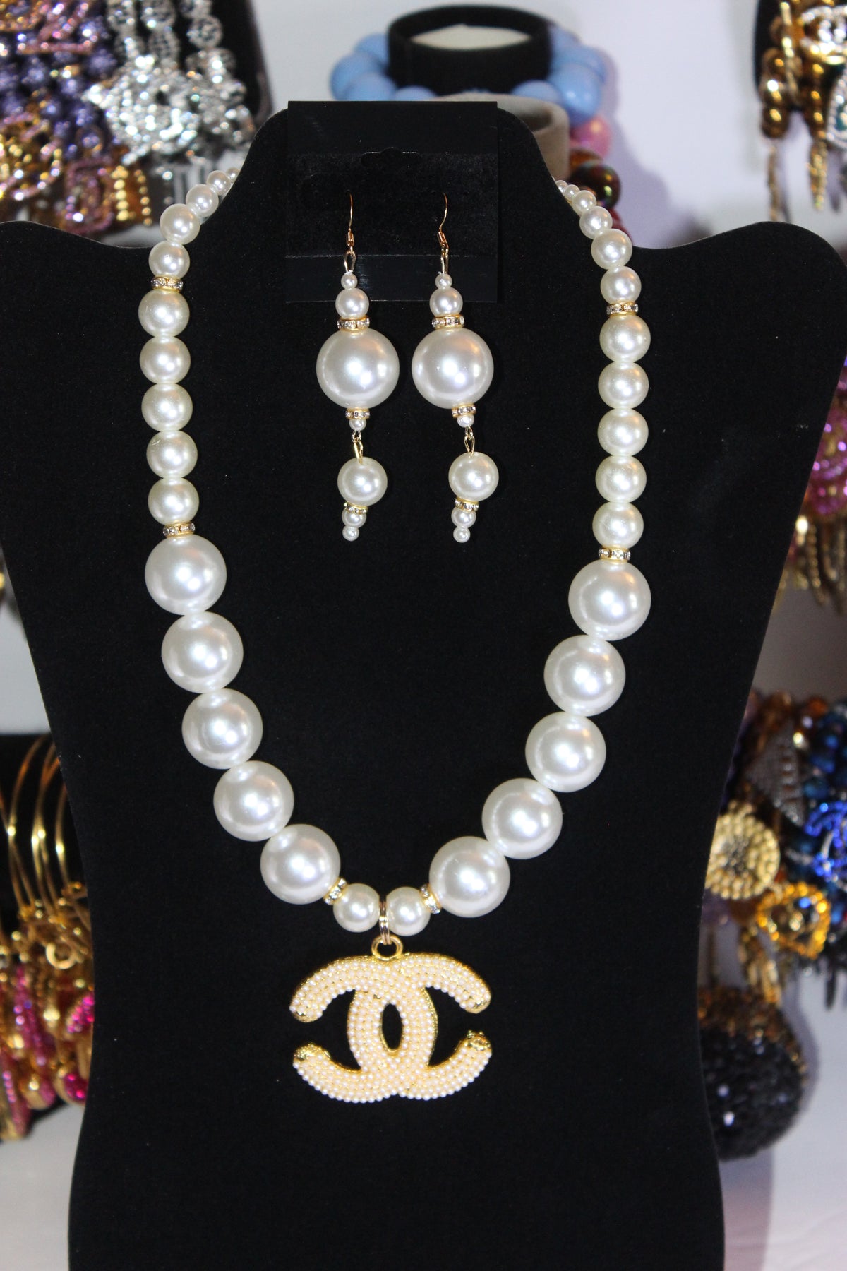 White Pearl & Gold Charm Necklace & Earrings Set