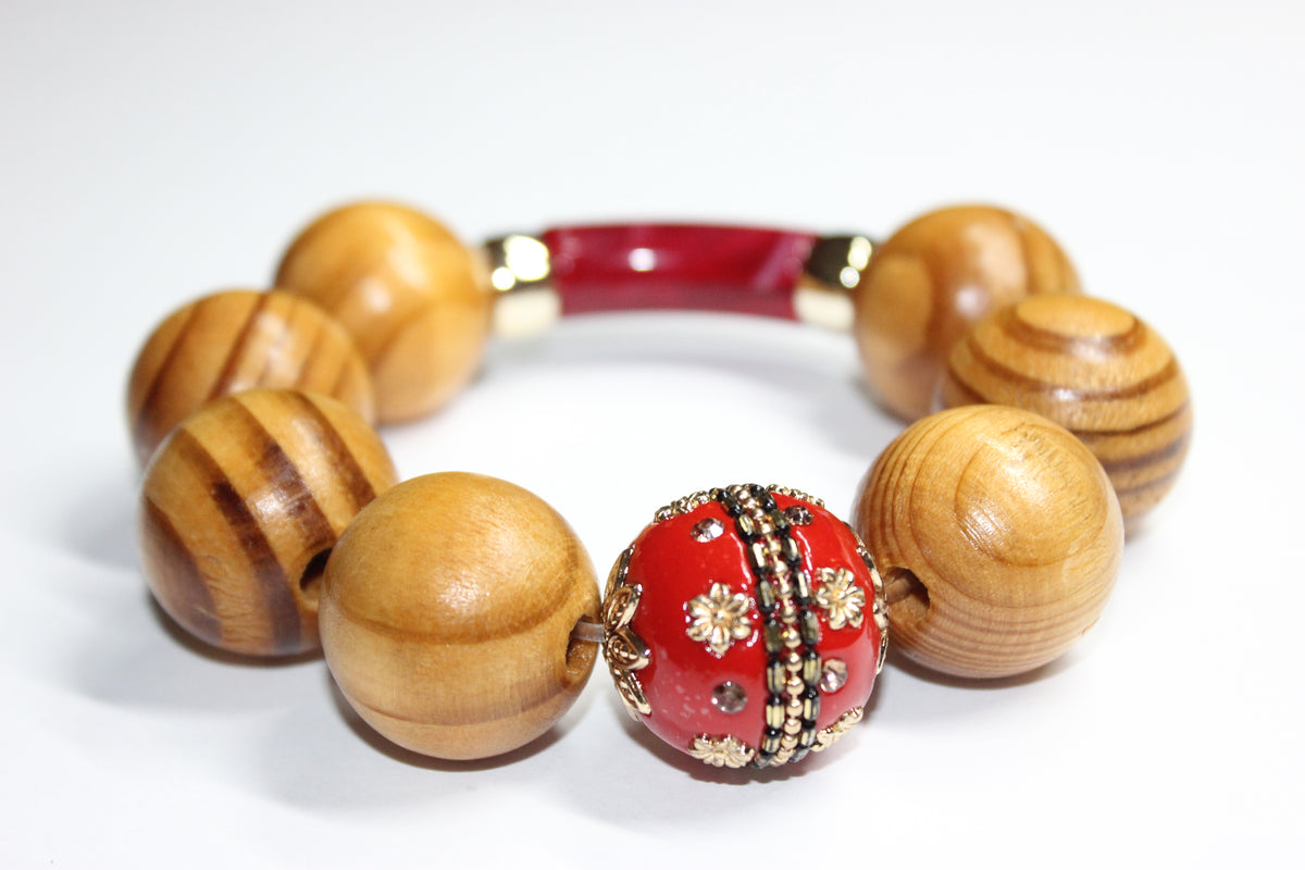 Shades Of Gold & Red Large Wooden Beaded Bracelet