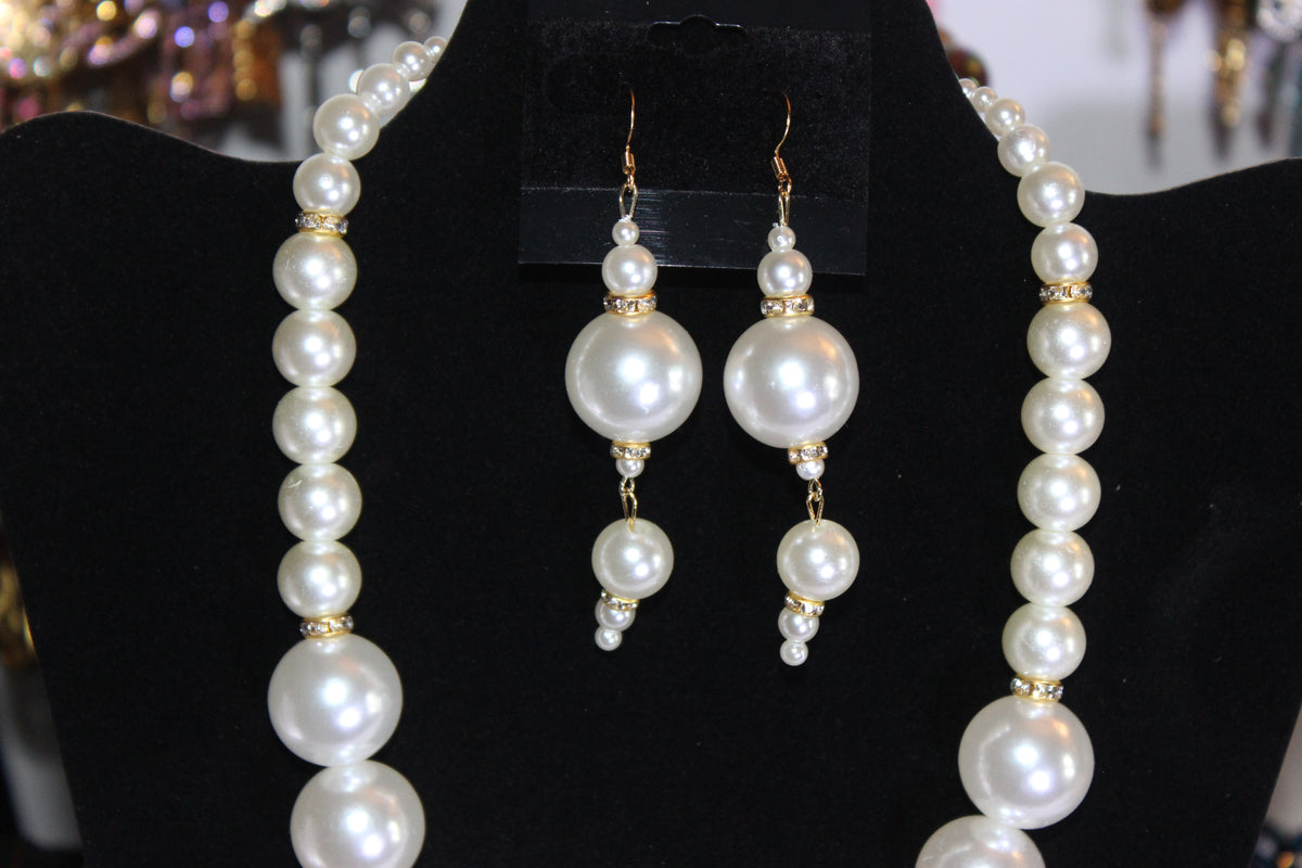 White Pearl & Gold Charm Necklace & Earrings Set