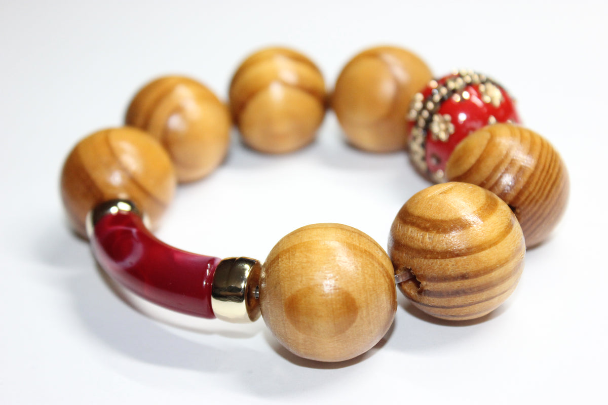 Shades Of Gold & Red Large Wooden Beaded Bracelet