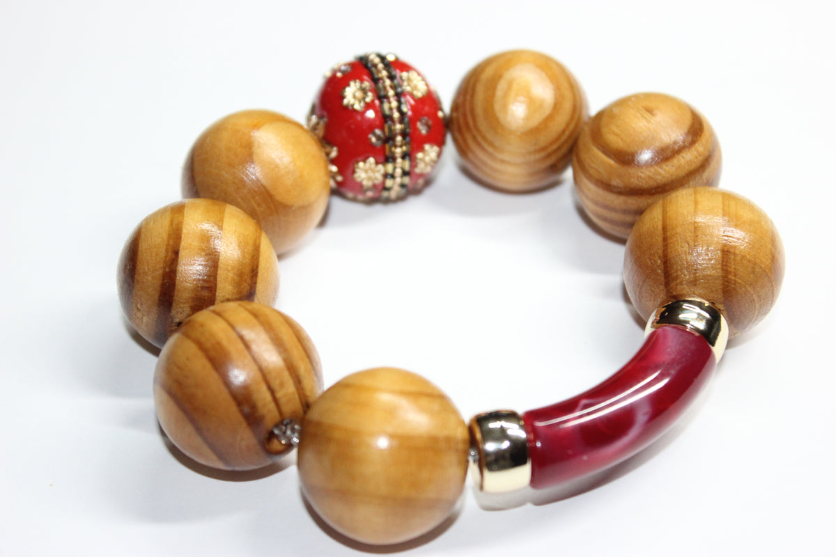 Shades Of Gold & Red Large Wooden Beaded Bracelet