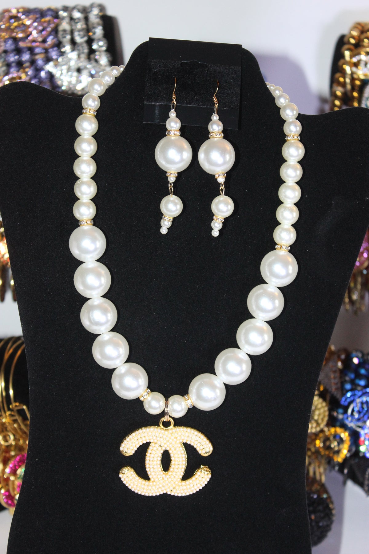White Pearl & Gold Charm Necklace & Earrings Set