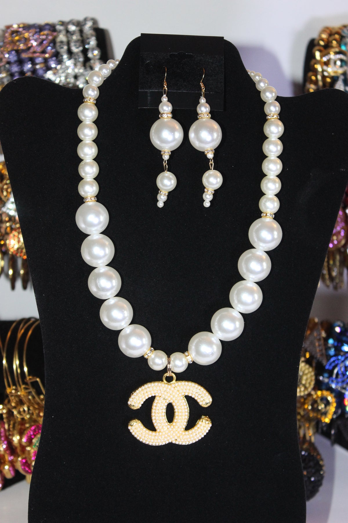 White Pearl & Gold Charm Necklace & Earrings Set