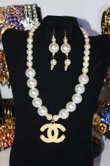 White Pearl & Gold Charm Necklace & Earrings Set