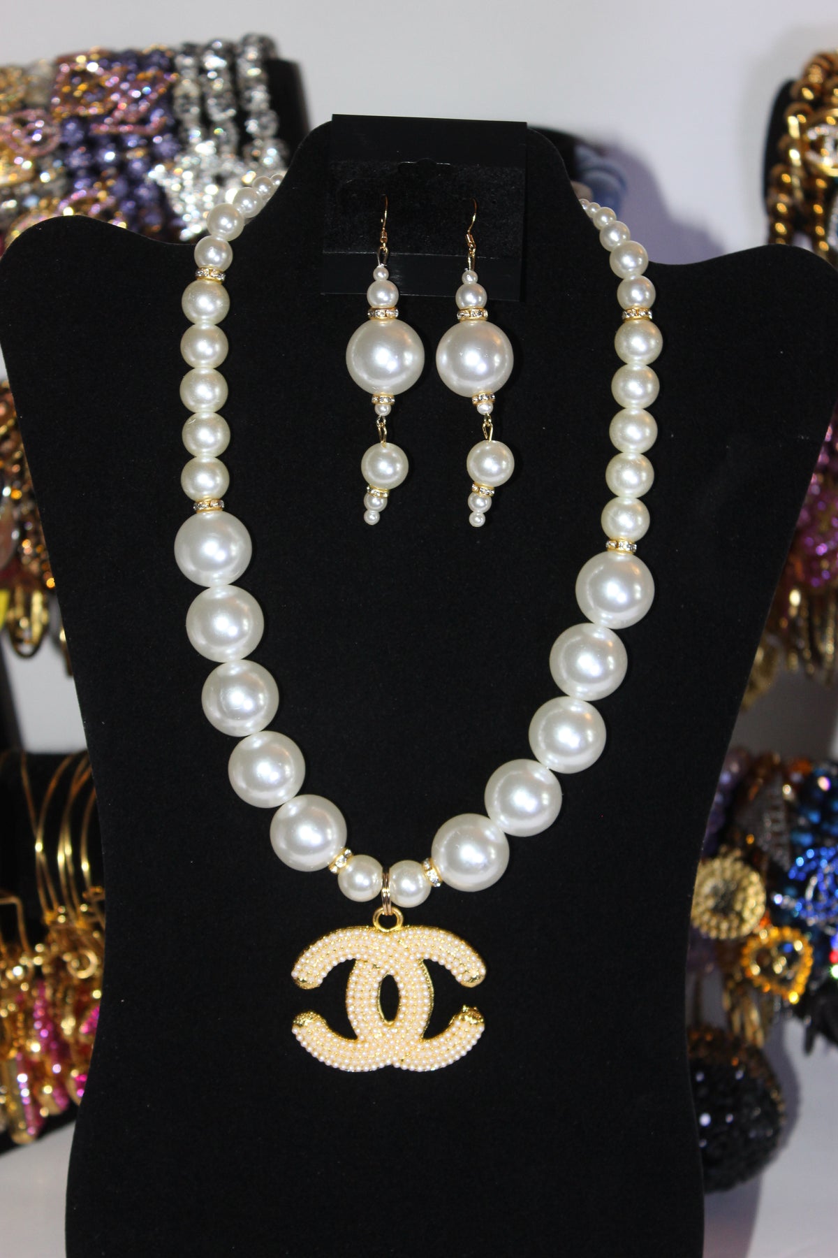 White Pearl & Gold Charm Necklace & Earrings Set