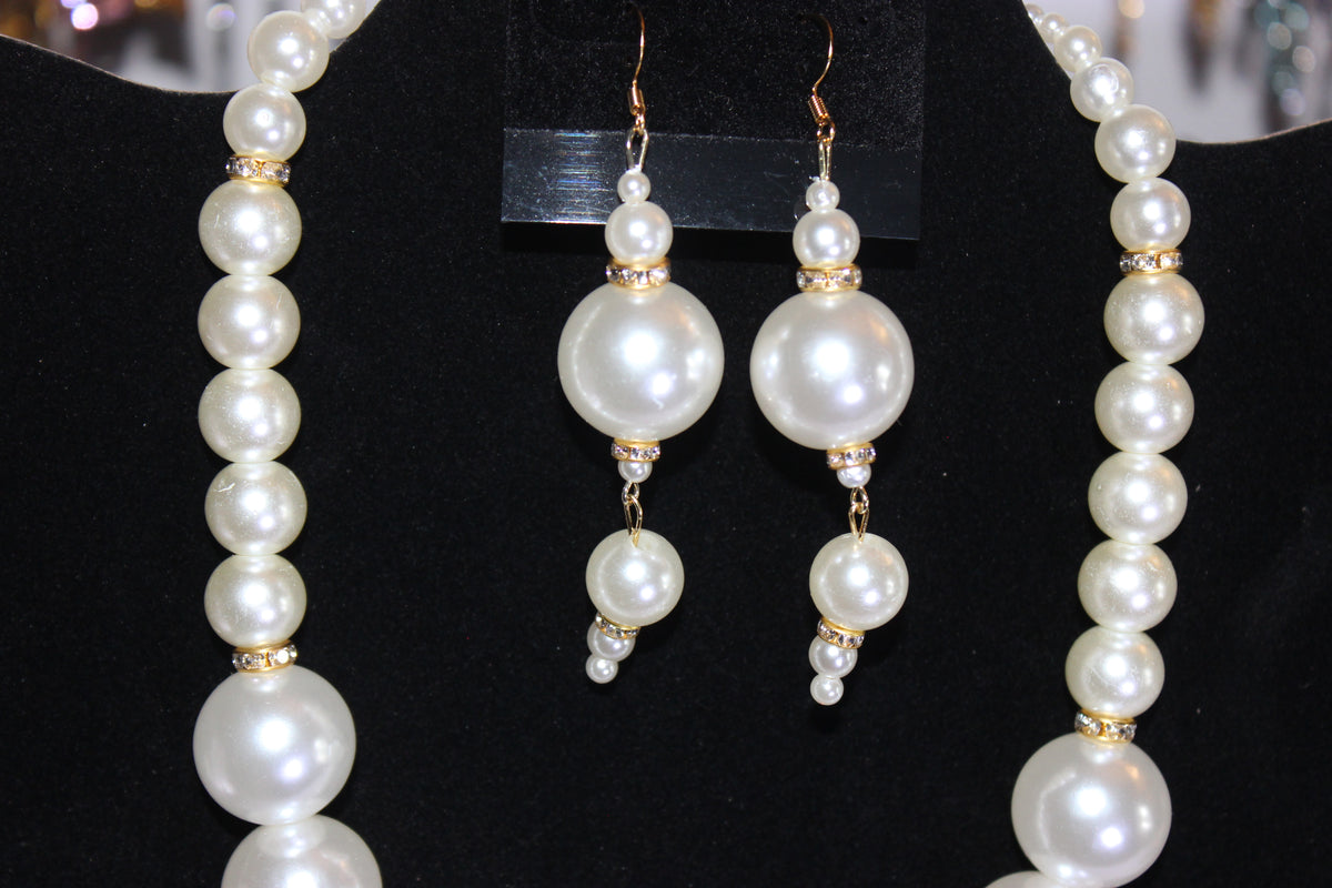 White Pearl & Gold Charm Necklace & Earrings Set
