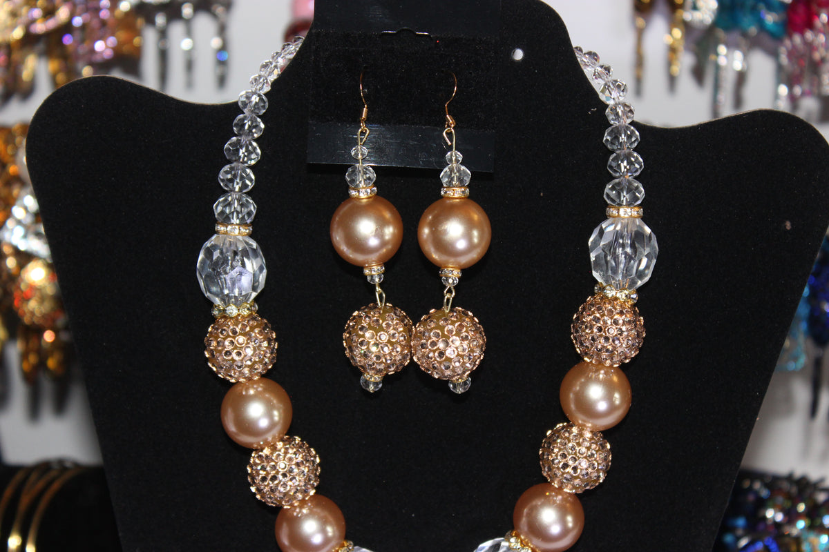 Champagne Pearl & Crystal with Gold Charm Necklace & Earrings Set