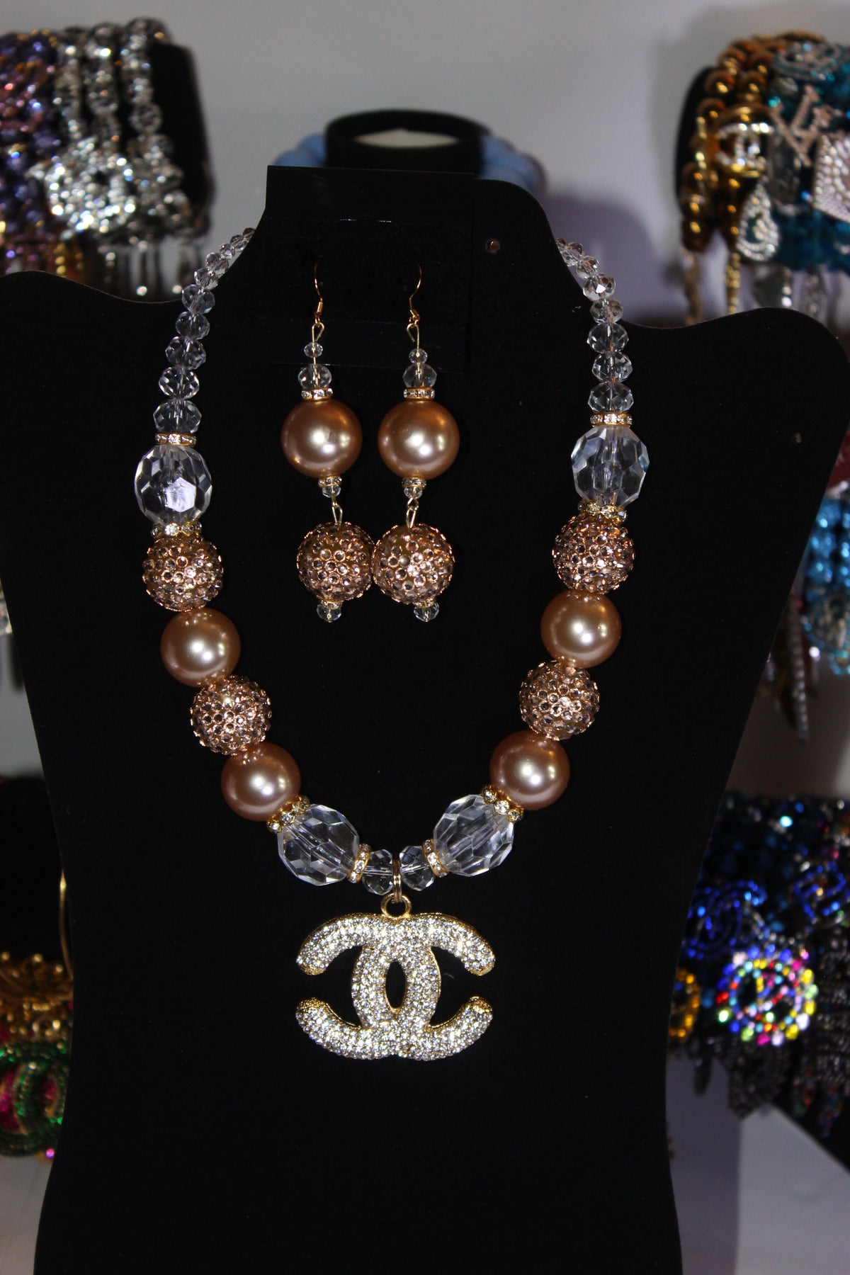 Champagne Pearl & Crystal with Gold Charm Necklace & Earrings Set