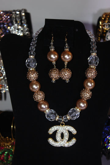 Champagne Pearl & Crystal with Gold Charm Necklace & Earrings Set