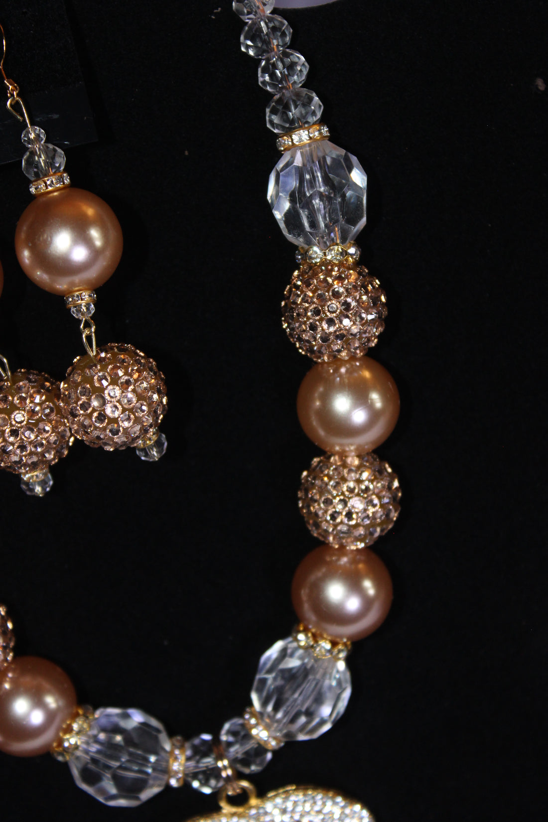 Champagne Pearl & Crystal with Gold Charm Necklace & Earrings Set